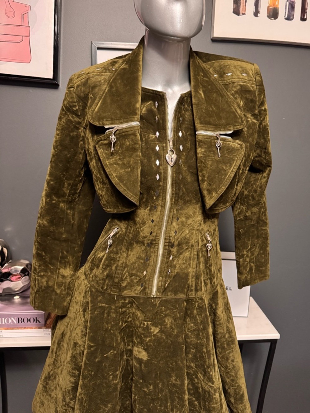 Green Velvet Goth Grunge Dress + Jacket Set - Picture 8 of 14